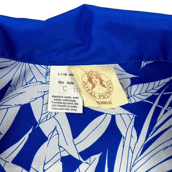 Vintage Hawaiian Shirt Adult LARGE Blue 80s Royal Princess Floral Botanical - Picture 3 of 6